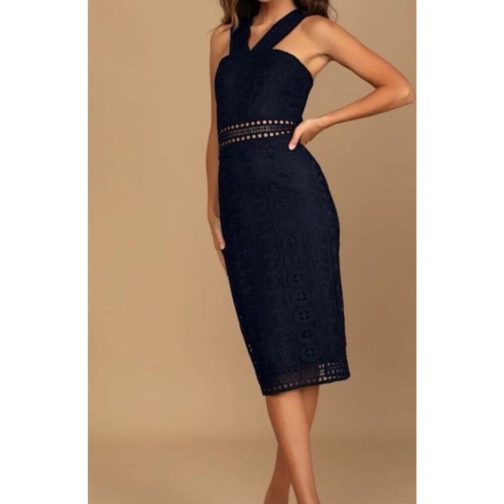 Lulus Navy Blue Crochet Halter Midi Dress Small Lace Cutout Zip Slimming Elegant - Picture 5 of 14